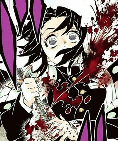 an anime character holding a knife with blood on it