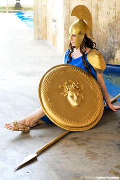 Athena costume from Greek Mythology - The Home of Fire Lily Cosplay Roman Day School Costume, Diy Athena Helmet, Greek Mythology Costumes Diy, Athena Costume Diy, Head Dress Diy, Ancient Greek Olympic Games, Percy Jackson Costume