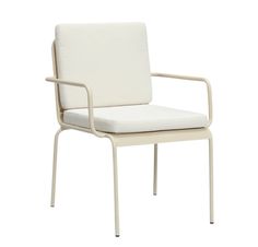 a white chair with armrests and a seat cushion on the back, in front of a white background