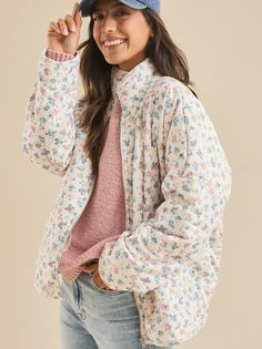 This stylish corduroy piece features a captivating floral pattern, a practical zipper closure, and two convenient pockets. The cuffed bottom adds a touch of modern flair, while the soft fabric ensures warmth. Cute Winter Coats, Flower Jacket, Thrift Inspo, Cute Coats, Cozy Jacket, Patchwork Jacket, Floral Jacket, Altard State, Fashion Board