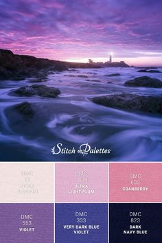 the color scheme for an ocean scene with rocks and water in it, including pinks,