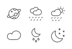 the weather icon set is shown in black and white, including rain, clouds, and stars