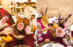 the table is set with flowers and other items for an elegant dinner or reception party