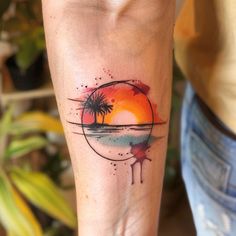 Vivid Sunset Tattoo Vector Art Sunset Tattoo With Color, Tattoo Sunset, Chest Tattoo Designs Female, Sunrise Tattoo, Mother Son Tattoos, Sky Tattoos, Hawaii Tattoos, Sunset Tattoos, Beach Tattoo