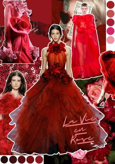 a collage of red and pink fashions with flowers on the bottom, in different colors