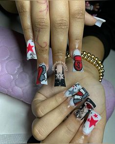 nails , duck tip , kaws , star , intial nails , inspo , gray , white , red , creative , jems Short Red Birthday Nails, Red Bape Nails, Red And Black Duck Nails, Red Junk Nails, Nails Duck, Y2k Nail, Curved Nails, Purple Acrylic Nails, Sunflower Nails