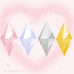 three different colored diamond shapes with the words glitter plumbo's recolor