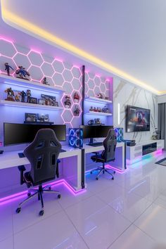 the room is decorated in white and purple with neon lights on the shelves, along with two computer desks