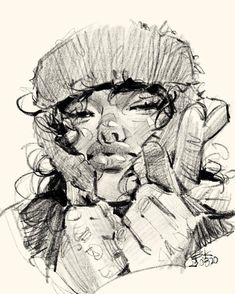 a black and white drawing of a woman talking on the phone with her hands to her face