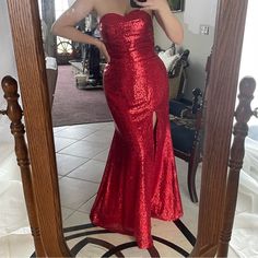 Used As A Jessica Rabbit Costume. Has A Small Patch Of Missing Sequin On The Right Bottom Side Of The Dress About Thigh High. Has An Internal Clip And Back Zip Up. Very Flattering. Jessica Rabbit Costume, Rabbit Costume, Jessica Rabbit, Sequin Gown, Red Sequin, Thigh High, Thigh Highs, Lady In Red, Floor Length