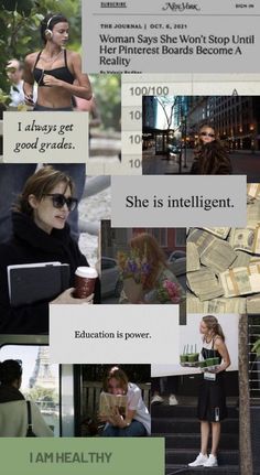 a collage of photos with women in bikinis and text that reads, she is intelligent education is power