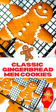 a close up of some cookies on a cooling rack with the words classic gingerbread men's cookies