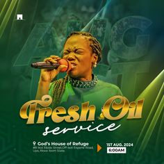 a woman singing into a microphone with the words fresh oil service in front of her