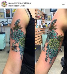 two pictures of the same tattoo on one arm and another with succulents