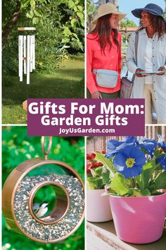 the collage shows pictures of different items that are for mom's garden gifts