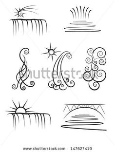 set of hand drawn doodle designs with sun and clouds in the sky, on white background