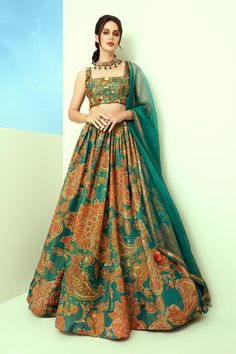 Blue lehenga featuring floral and paisley prints with sequins hand embroidery. Accompanied by a padded blouse and a dupatta., Fit: Relaxed Square Neckline Blouse Lehenga, Square Neck Blouse Designs, Lehnga Style, Weddings 2024, Lehenga Top, Sleeveless Blouse Designs, Indian Things, Blouse Lehenga, Printed Lehenga