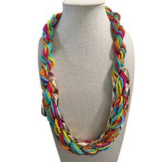 Double Strand Multi-Color Seed Bead And Metal Necklace -- 24". This necklace has a double strand made up of Six strands of glass beads: Orange, Blue, Red, Green, Pink, and Bronze. These strands are fed through an open gold-tone metal link, Measurements: Length: 24; Width: 1-1/2"; Extender: 3"0 Multicolor Beaded Multi-strand Layered Necklace, Multicolor Beaded Chain Long Necklace For Party, Adjustable Chain Necklace With Colorful Round Beads, Multicolor Glass Costume Jewelry Necklaces, Multicolor Glass Costume Jewelry Necklace, Multi-strand Glass Beaded Chain Necklaces, Multi-strand Glass Necklace With Colorful Beads, Multi-strand Glass Beaded Colorful Necklace, Multi-strand Glass Bead Colorful Necklace