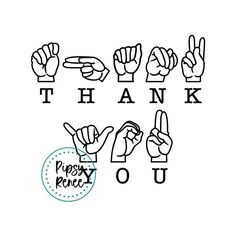 the words thank you written in black and white on a white background with hand gestures