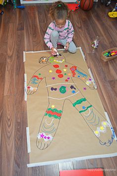 Giant Gingerbread Man Craft - HAPPY TODDLER PLAYTIME Gingerbread Eyfs Activities, Ginger Bread Crafts For Toddlers, Eyfs Gingerbread Man, Gingerbread Man Eyfs Activities, Ginger Bread Man Activities, Gingerbread Party Games, Ginger Bread Man Ideas Creative, Life Size Gingerbread Man, Gingerbread Man Eyfs