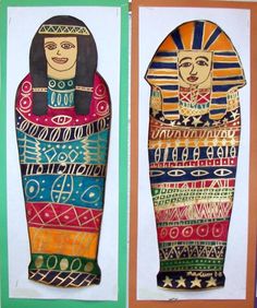 two paintings of egyptian women are shown in different colors and patterns, one is made out of paper