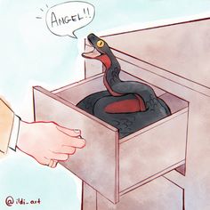 a cartoon drawing of a person opening a box with a snake in it