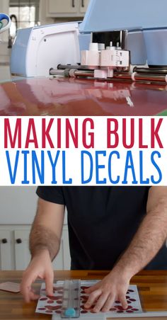 a man making bulk vinyl decals on a table with the words making bulk vinyl decals