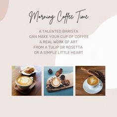 a coffee shop advertisement with three different cups and saucers on the table, along with text that reads happy coffee time at talented barista can make your cup of coffee