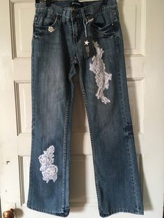 Denim Jeans - EllieMay (my daughter) is the inspiration for these jeansoriginallyPetrol (Peyton style) 28 waist 32 med dark blue wash made in USA embellished with bridal appliqués/pearls and sequins  upcycled with vintage French Laungerie lace Unique Jeans, Womens Jeans, Fancy Dresses, Vintage French, Jeans Denim, My Daughter, French Vintage, Favorite Outfit, Denim Jeans