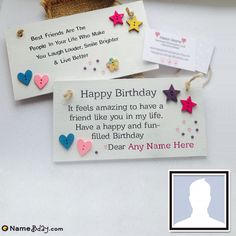 two personalized birthday tags on a table with a teddy bear next to them and a message for someone's birthday