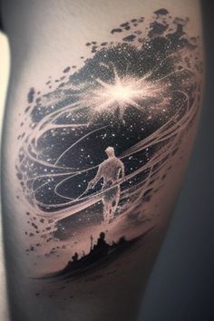 Stunningly Simple Space Themed Tattoos Galaxy Tattoos Men, Space Tatoos Men, Andromeda Galaxy Tattoo, Tattoos Galaxy, Galaxy Themed Tattoos, Cool Space Tattoos, Underwater Space Tattoo, Orbit Tattoo, Constellation Sleeve Tattoo