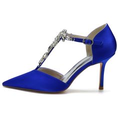 Shop Royal Blue Satin Pointy Toe Jewelry T Strap Heels Wedding Pumps color Royal Blue for Anniversary, Going out, Hanging out, Wedding with worldwide Free shipping & Free return. Blue High Heel Prom Shoes, Fitted Blue Wedding Shoes, Blue Ankle Strap Heels For Wedding, Blue Pointed Toe Wedding Shoes, Fitted Blue Wedding Shoes For Party, Elegant Royal Blue Fitted Heels, Blue Pointed Toe Heels For Wedding, Open Shoes, Heels Wedding