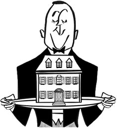 a black and white drawing of a man holding a house on a plate with his hands