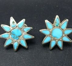 "VINTAGE ZUNI EARRINGS DESCRIPTION: These fabulous 1940s Zuni turquoise earrings will be a cherished addition to your collection of quality vintage Native American jewelry. MEASUREMENTS: Earrings measure 3/4\" across WEIGHT: 6.2 grams SIGNED: no STERLING: unmarked, verified sterling silver" Retro Sterling Silver Earrings, Nickel-free Retro Jewelry For Anniversary, Retro Nickel Free Jewelry For Anniversary, Vintage Turquoise Nickel-free Jewelry, Vintage Nickel-free Turquoise Jewelry, Retro Jewelry With Matching Earrings For Vintage Collection, Collectible Retro Clip-on Jewelry, Mid-century Handmade Earrings As Gift, Handmade Mid-century Style Earrings For Gifts