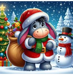 a christmas card with a donkey and snowman