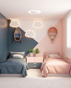 two beds in a room with pink, blue and white walls that have clouds painted on them