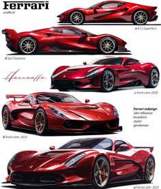 three different types of cars are shown in this graphic art drawing style, including the front and