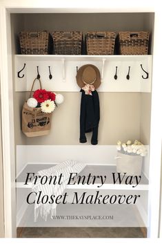 entry way closet makeover with baskets and hats