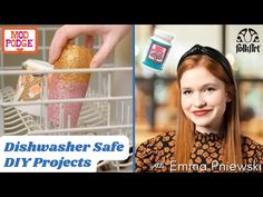 a woman is holding a container with glitter on it and the words dishwasher safe diy projects