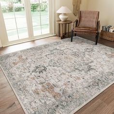 a living room area with a chair and rug