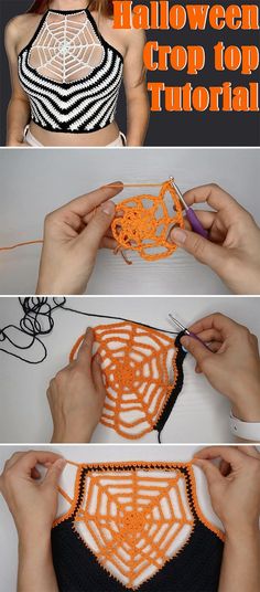 crochet halloween crop top pattern with instructions to make it look like a spider web