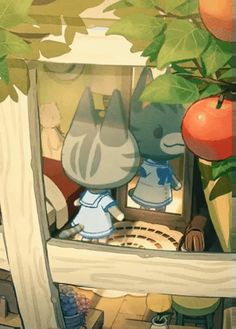 an animated image of two cats in a window with apples hanging from the tree above them