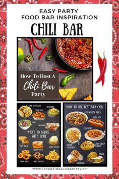 an advertisement for chili bar with the words, how to host a chili bar party