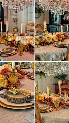 the table is set for thanksgiving dinner with candles