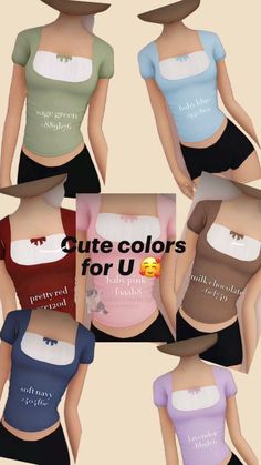 an image of a woman wearing different colored shirts and shorts with the words cute colors for u