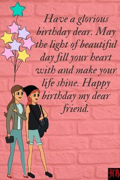 two people standing next to each other in front of a brick wall with the words happy birthday