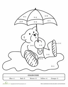 Worksheets: Color by Sum: Rainy Day Teddy Bear Teddy Bear Worksheet, Holiday Math Worksheets, Number Printables, First Grade Math Worksheets, Math Pages, Teddy Bear Theme, Elementary Activities