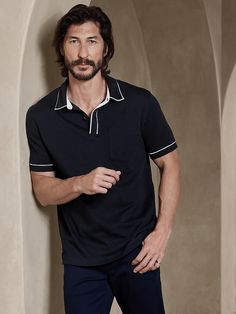 Luxury-Touch Polo | Banana Republic Polo Shirt Outfit Men, Polo Shirts Men, Color Accents, Polo Collar, Collar And Cuff, Polo Shirts, Curator Style, Hip Length, Charcoal Grey