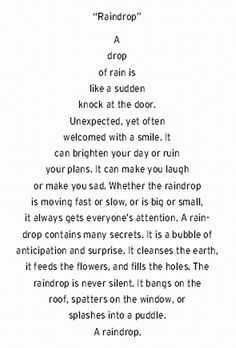 a poem written in black and white with the words raindrop on it's side