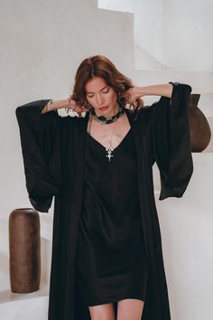 Wide Sleeve Bohemian Kaftan Cardigan • Black Peace Silk Kimono Robe | AYA Sacred Wear Bohemian V-neck Cardigan For Loungewear, Elegant V-neck Kaftan For Fall, Elegant V-neck Fall Kaftan, Bohemian Long Sleeve Kimono For Evening, Bohemian Long Sleeve Evening Kimono, Elegant Festival Kimono, Elegant Long Sleeve Kimono For Night Out, Fall Evening Kimono With Kimono Sleeves, Evening Kimono With Fall Theme